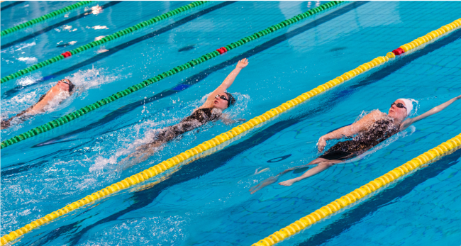 Three female swimmers swim in three different pool lanes.